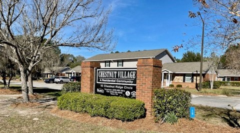 a sign in front of a brick building