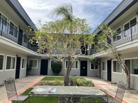 A courtyard with a tree and chairs.