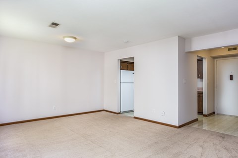 A spacious room with a white ceiling and a beige carpet.