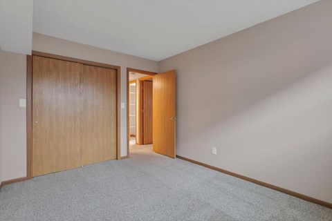 A room with a carpeted floor and two wooden doors.