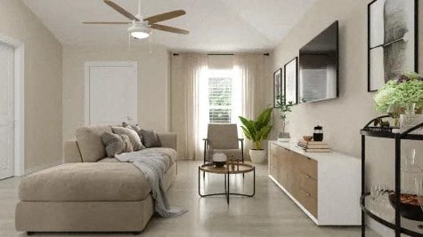 a living room with a couch and a tv