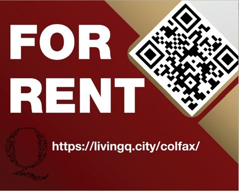 a red and white for rent sign with a qr code