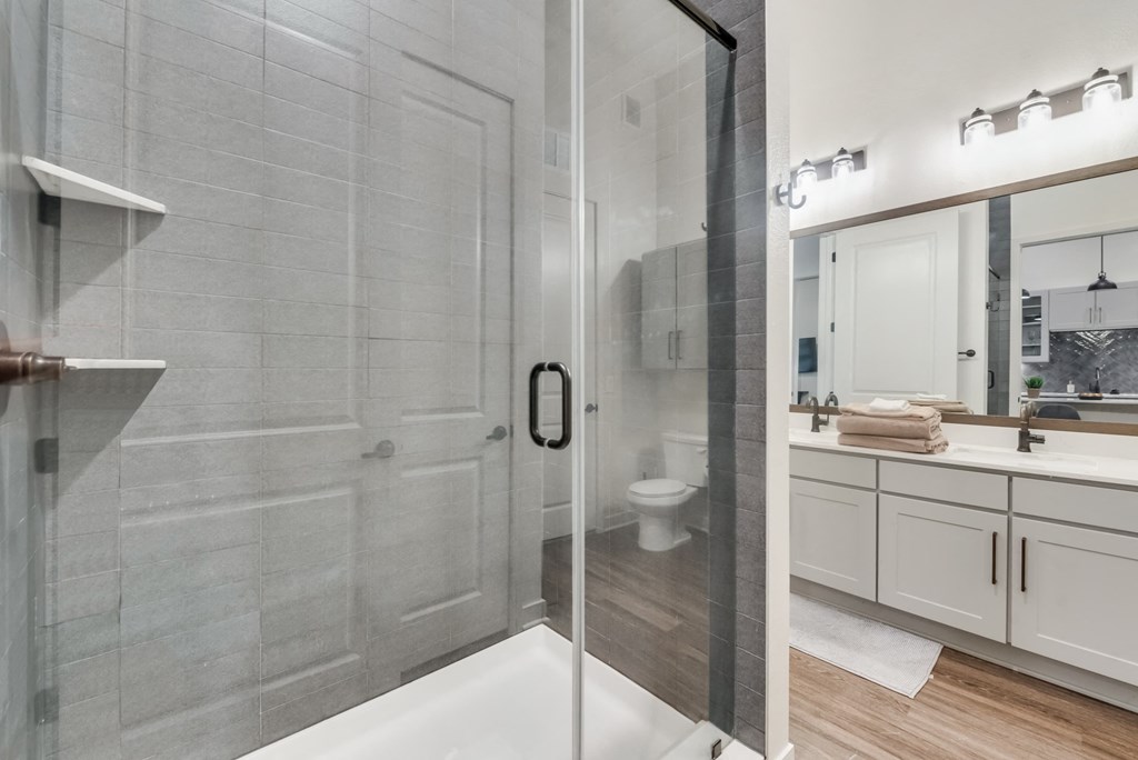 a bathroom with a shower and a sink and a toilet