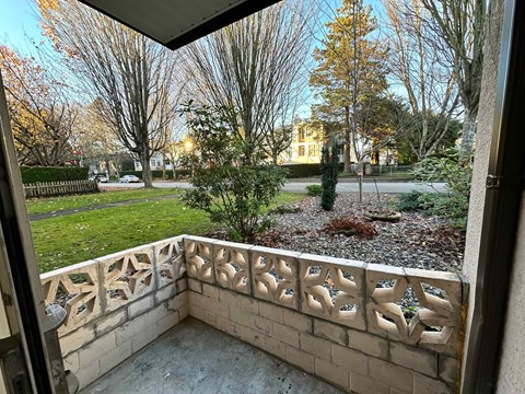 A balcony with a decorative border overlooks a park with trees and a building in the distance.