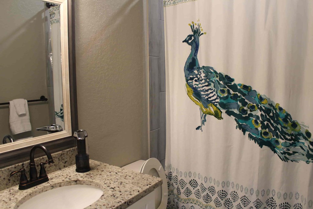 a bathroom with a shower curtain and a sink and a toilet