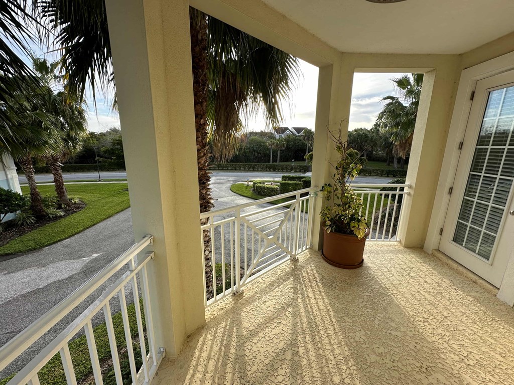 a view of a porch with a potted plant on it