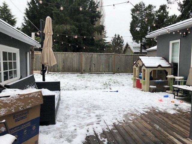 a backyard with snow on the ground