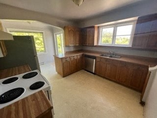 an empty kitchen with a stove and a sink