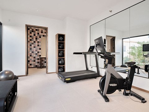 A modern home gym with a treadmill, exercise bike, and weights.