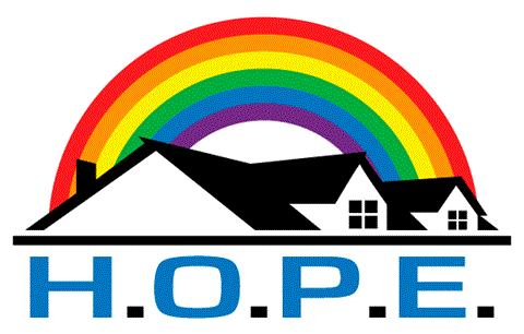 A logo with a rainbow arching over a house and the letters H.O.P.E. below it.