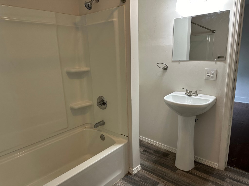 a bathroom with a sink and a tub and a mirror