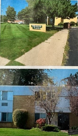 two pictures of a building with a sign on the side of it