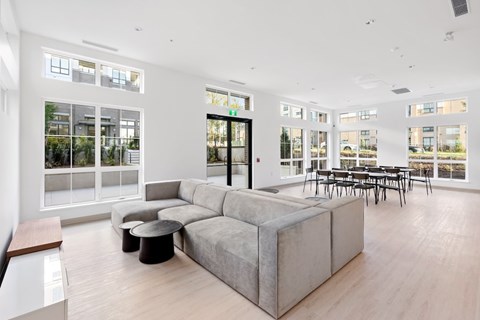 A modern living room with a grey sofa and a glass door.