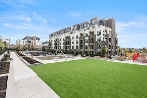 A large grassy area in front of apartment buildings.