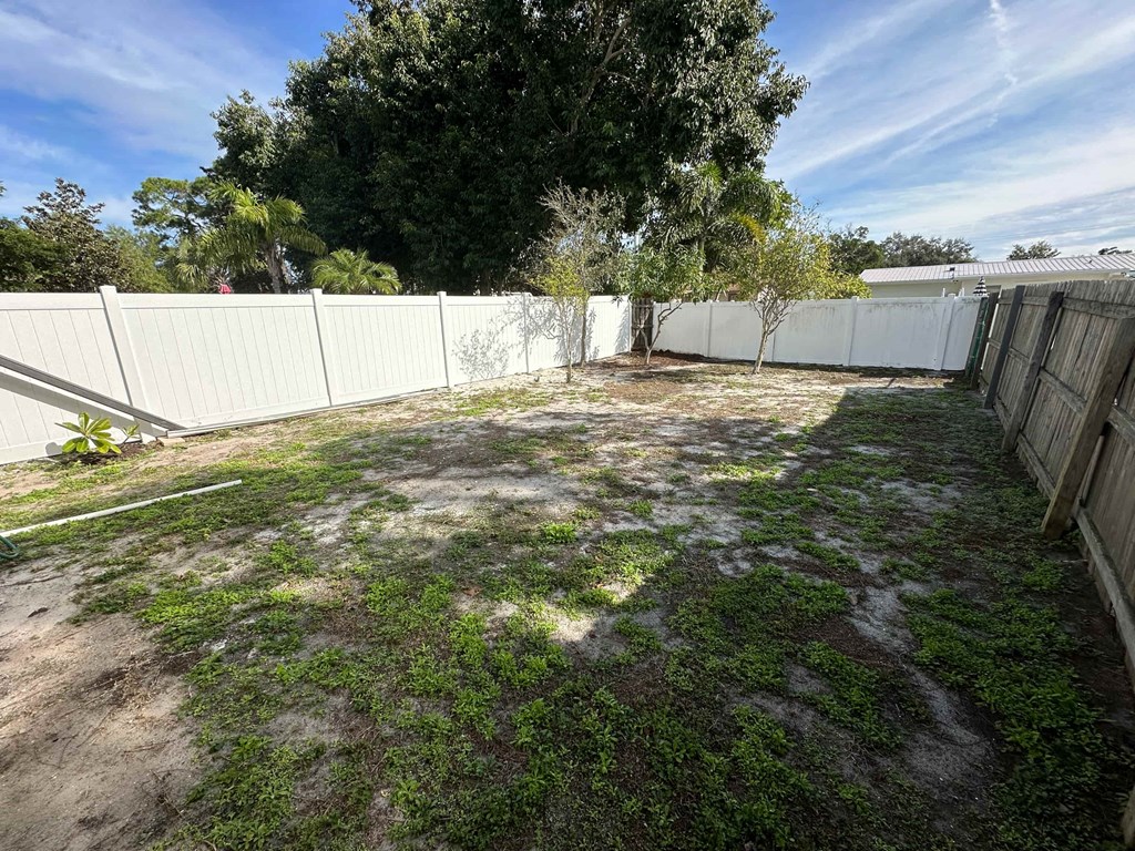 a backyard with a fence and a tree