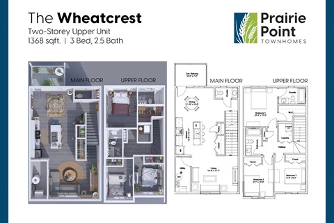 floor plans of two storey upper unit at the prairie point