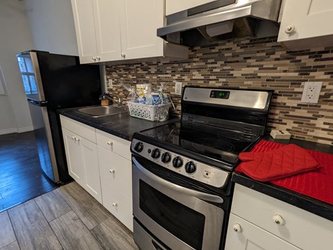 a kitchen with a stove and a sink and a refrigerator