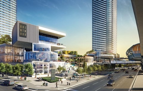 a rendering of a city street with cars and pedestrians