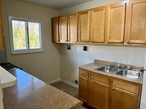 a kitchen with a sink and wooden cabinets