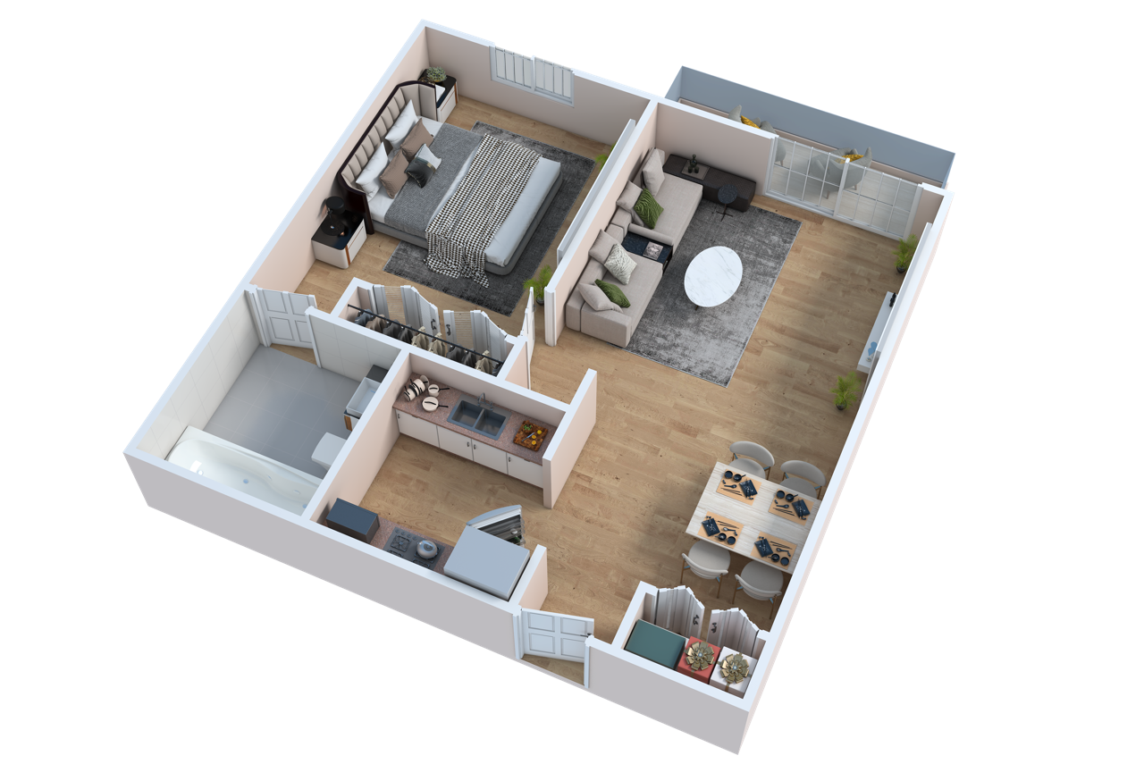 3D rendering of floor plan for one bedroom unit