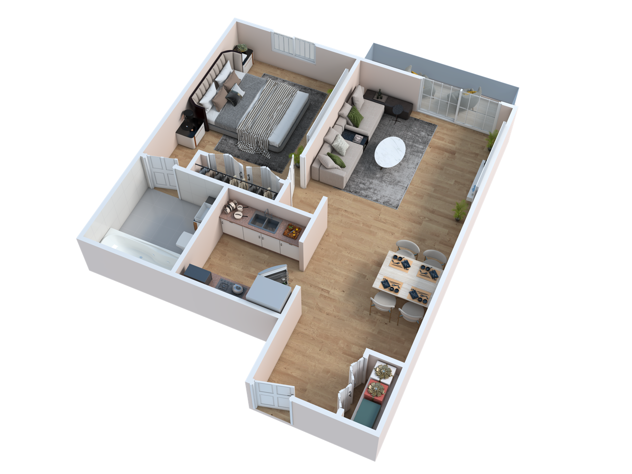 3D rendering of floor plan for one bedroom corner unit