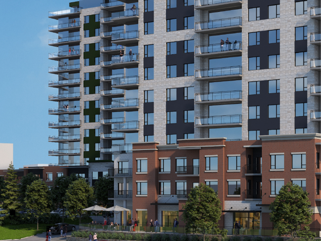 a rendering of a large apartment building with balconies on the side of it