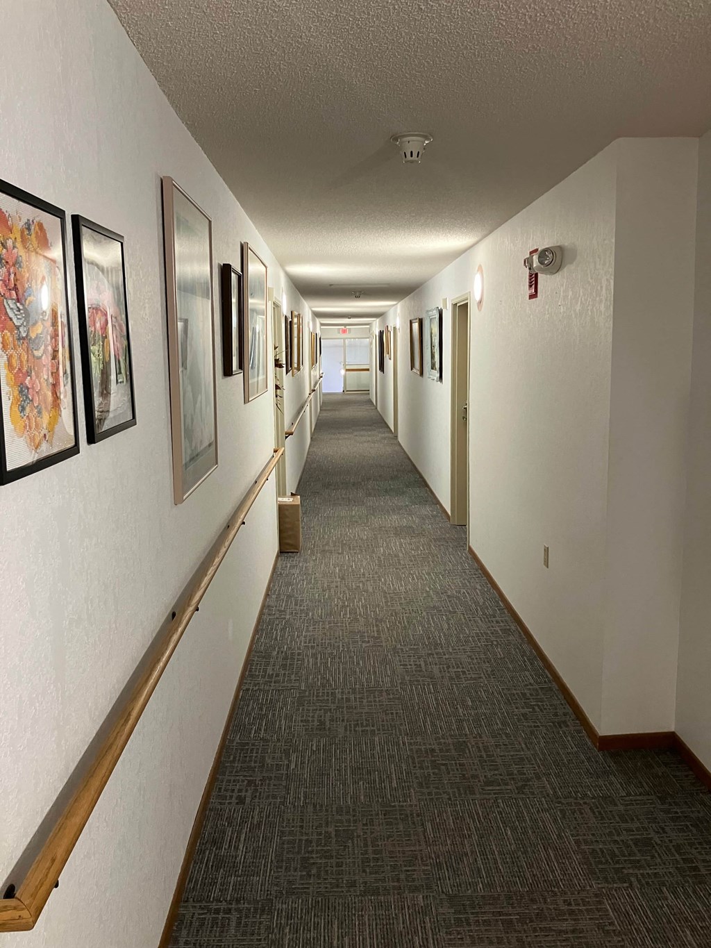 a long hallway with pictures on the wall and a carpet on the floor