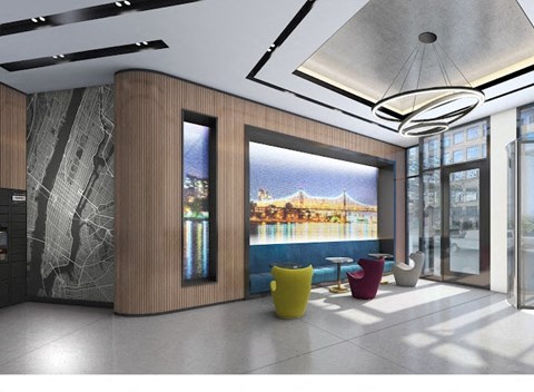 a rendering of a lobby with yellow chairs and a view of a bridge