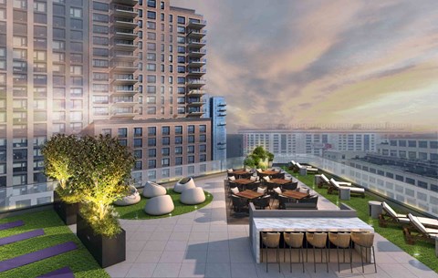 a rendering of the rooftop terrace of a building with tables and chairs