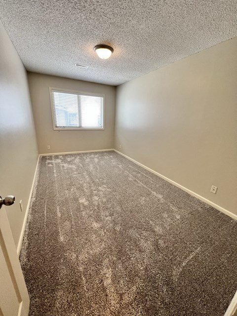 an empty bedroom with carpet and a window