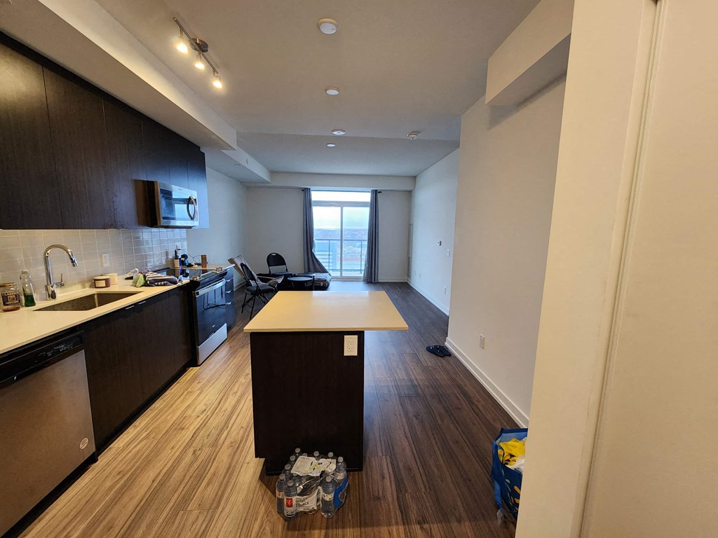 a kitchen and living room in a renovated apartment