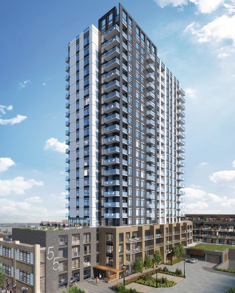 a rendering of a tall apartment building with many balconies