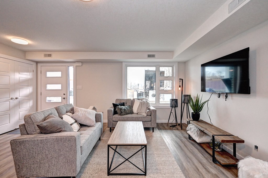 a living room with two couches and a tv