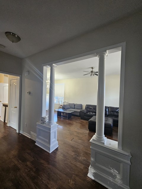 A living room with a couch and a ceiling fan.
