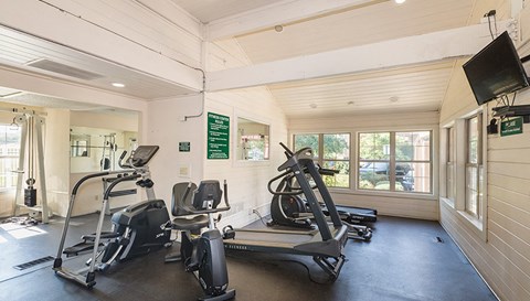 the gym has plenty of exercise equipment and a tv