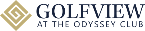 A logo with a diamond shape and the words "GOLFVIEW AT THE ODYSSEY CLUB".