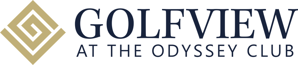 A logo with a diamond shape and the words "GOLFVIEW AT THE ODYSSEY CLUB".
