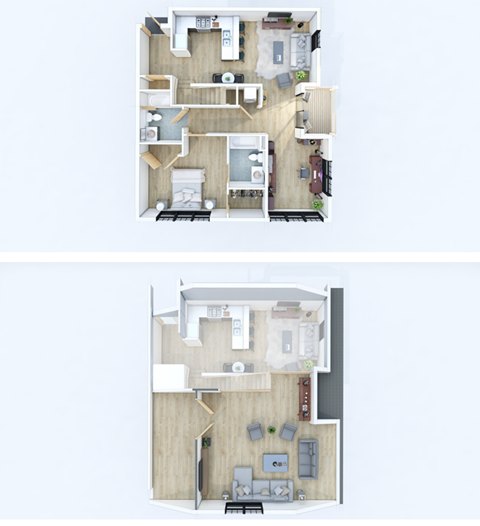 A floor plan of a two-story residential building with a living room, kitchen, and bedrooms.