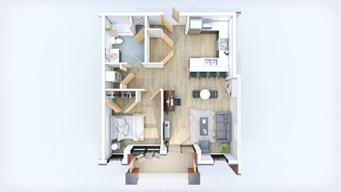 A top-down view of a small apartment with a kitchen, living room, and bedroom.