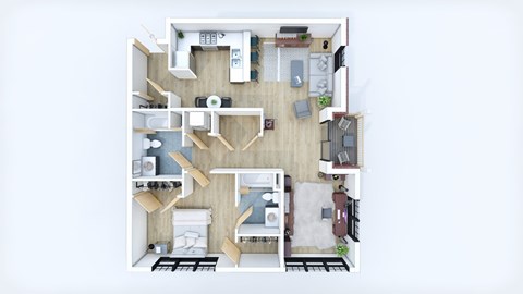 A top down view of a small apartment with a kitchen, living room, and bedroom.