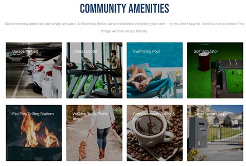 A collection of images showcasing various amenities such as a swimming pool, a fitness center, and a golf simulator.