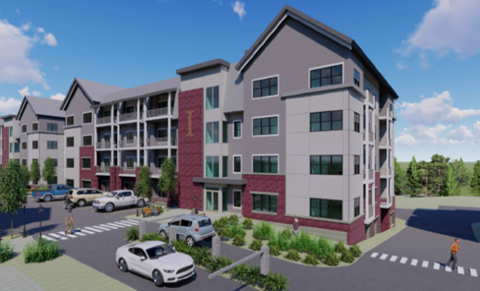 A rendering of a modern apartment complex with cars parked in front.