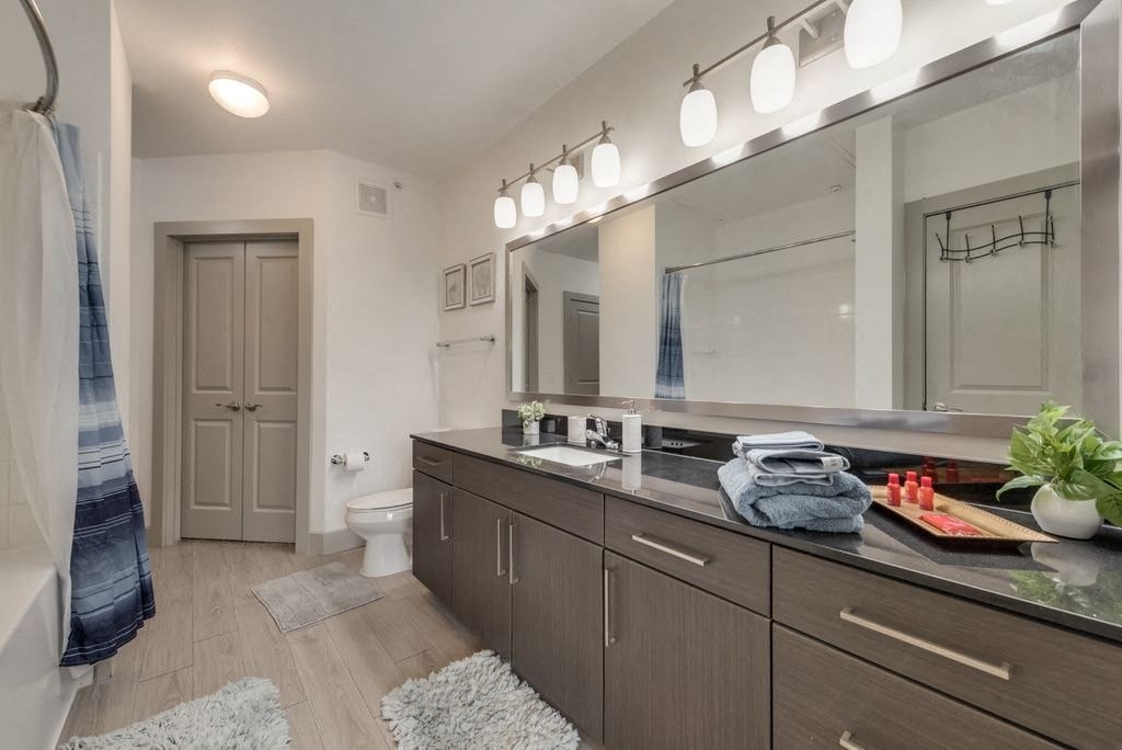 a bathroom with a large mirror and a toilet