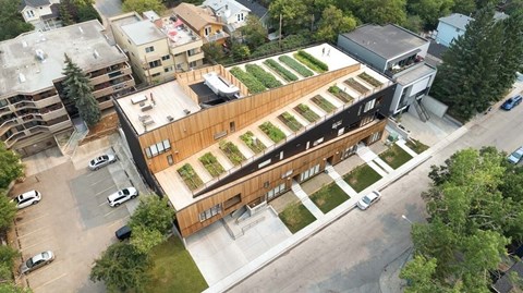 A modern building with a green roof is surrounded by other buildings and trees.