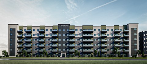 a rendering of an apartment building with balconies and a blue sky in the background