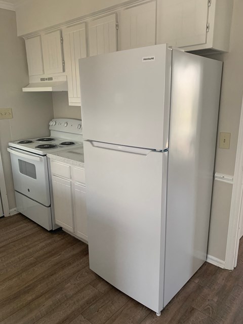 A white fridge and stove in a kitchen.