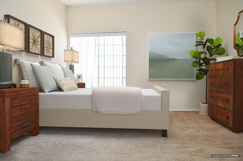 a bedroom with a bed and a dresser and a painting on the wall
