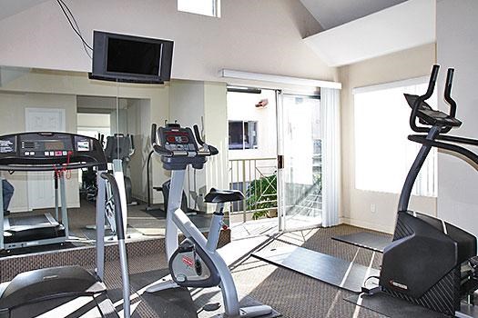 a gym with some exercise machines and a tv