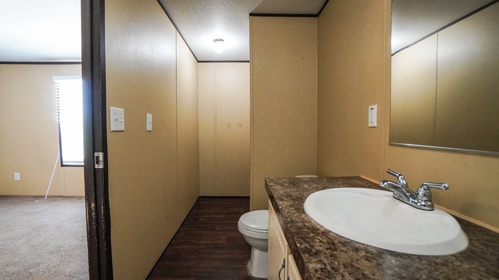 A bathroom with a sink, mirror, and toilet.