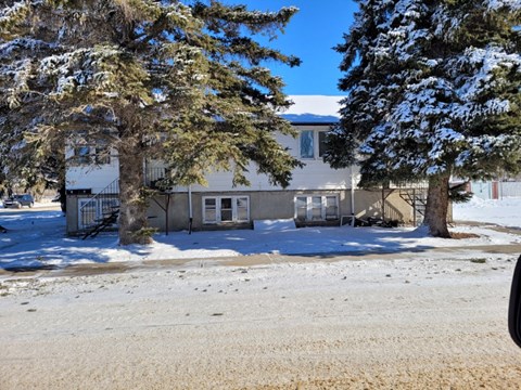 a house in the snow with trees in front of it